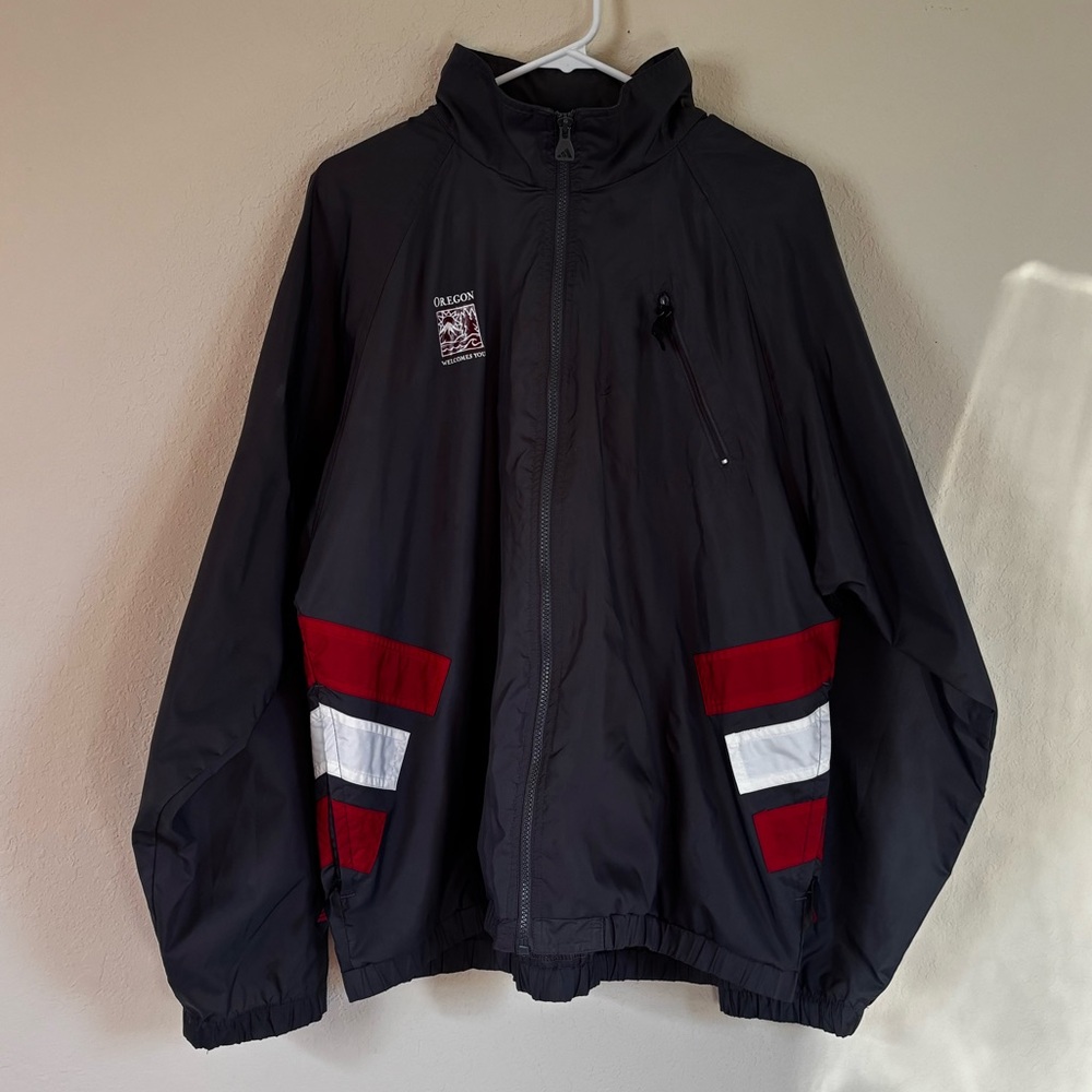 Men's Adidas Navy Blue and Red Jacket with Roll Up Hood. Size M